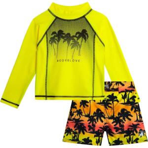 image:imageBody Glove Baby Toddler Boys Swim Set  2 Piece UPF 50 Quick Dry Swim Trunks and Rash Guard for Boys Kids Swimwear 2T4TNeon Yellow Palm Trees