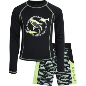 image:imageBody Glove Boys Swim Set  2 Piece Boys Swim Trunks with Rash Guard UV Protection Swimsuit Kids Bathing Suits Sizes 412Black Green Sharks