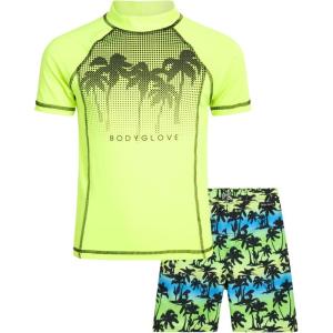 image:imageBody Glove Boys Swim Set  2 Piece Boys Swim Trunks with Rash Guard UV Protection Swimsuit Kids Bathing Suits Sizes 412Green NeonPalm Trees