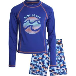 image:imageBody Glove Boys Swim Set  2 Piece Boys Swim Trunks with Rash Guard UV Protection Swimsuit Kids Bathing Suits Sizes 412Navy Palm Trees
