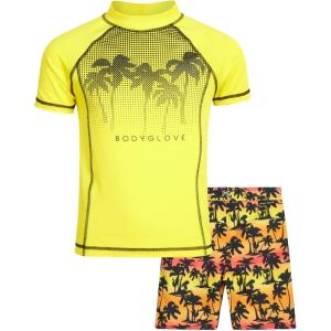 image:imageBody Glove Boys Swim Set  2 Piece Boys Swim Trunks with Rash Guard UV Protection Swimsuit Kids Bathing Suits Sizes 412Orange NeonPalm Trees