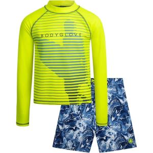 image:imageBody Glove Boys Swim Set  2 Piece Boys Swim Trunks with Rash Guard UV Protection Swimsuit Kids Bathing Suits Sizes 412Yellow Swirl Surf