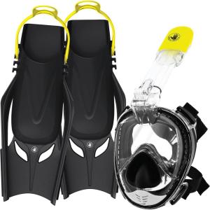 image:imageBody Glove  Free Breathing Snorkel Full FACE MASK Setwith FINSTravel BagAnti FogAnti LeakPanoramic ViewCamera MountOpen WaterScuba DivingSnorkeling GearSET LXL  913