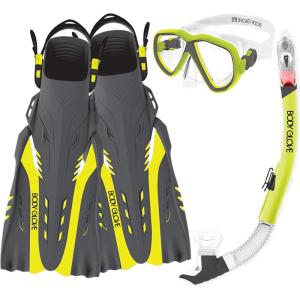 image:imageBody Glove Azores Adults Snorkel Set with Panoramic View Tempered Glass Diving Mask Silicone Goggle Swimming Fins AntiLeak Dry Top Flex Tube for Snorkeling Swimming Scuba DivingCitrusBlack