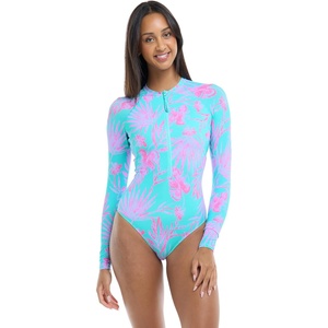 image:imageBody Glove Womens Sloane Onepiece Swimsuit  Contour Shelf Bra Raglan Long Sleeves Zip Front UPF 50 Medium CoverageAzores Blue Leaf Print