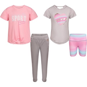 image:imageBody Glove Clothes Girls 4Piece Active Pant Set with 2 Short Sleeve Graphic Tees Jogger Pants amp Shorts Sizes 2T12Peach Gray