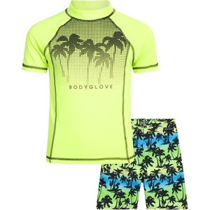 image:imageBody Glove Boys 2 Piece Swim Set Rash Guard amp Swim Trunks Sizes 412  UPF 50 Sun Protection QuickDry Lightweight Fabric for Beach and Pool Days Matching Print Stretch Comfort Fit for KidsGreen NeonPalm Trees