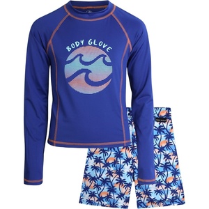 image:imageBody Glove Boys 2 Piece Swim Set Rash Guard amp Swim Trunks Sizes 412  UPF 50 Sun Protection QuickDry Lightweight Fabric for Beach and Pool Days Matching Print Stretch Comfort Fit for KidsNavy Palm Trees