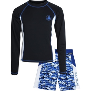 image:imageBody Glove Boys 2 Piece Swim Set Rash Guard amp Swim Trunks Sizes 412  UPF 50 Sun Protection QuickDry Lightweight Fabric for Beach and Pool Days Matching Print Stretch Comfort Fit for KidsBlackBlue Sharks