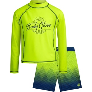 image:imageBody Glove Boys 2 Piece Swim Set Rash Guard amp Swim Trunks Sizes 412  UPF 50 Sun Protection QuickDry Lightweight Fabric for Beach and Pool Days Matching Print Stretch Comfort Fit for KidsNeon GreenBlue