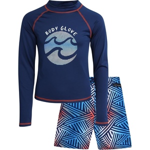 image:imageBody Glove Boys 2 Piece Swim Set Rash Guard amp Swim Trunks Sizes 412  UPF 50 Sun Protection QuickDry Lightweight Fabric for Beach and Pool Days Matching Print Stretch Comfort Fit for KidsNavyRed Swirls