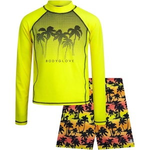 image:imageBody Glove Boys 2 Piece Swim Set Rash Guard amp Swim Trunks Sizes 412  UPF 50 Sun Protection QuickDry Lightweight Fabric for Beach and Pool Days Matching Print Stretch Comfort Fit for KidsNeon Yellow Palm Trees
